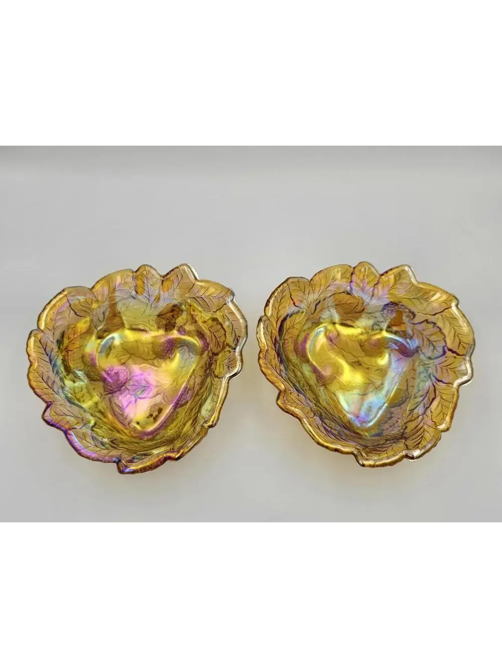 Vintage Indiana Glass Amber Carnival Glass Leaf Bowls Set of 2 1970s